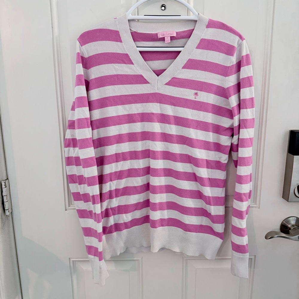 Lilly Pulitzer Top L | Pink White Stripe Long Sleeve Palm Tree Ribbed